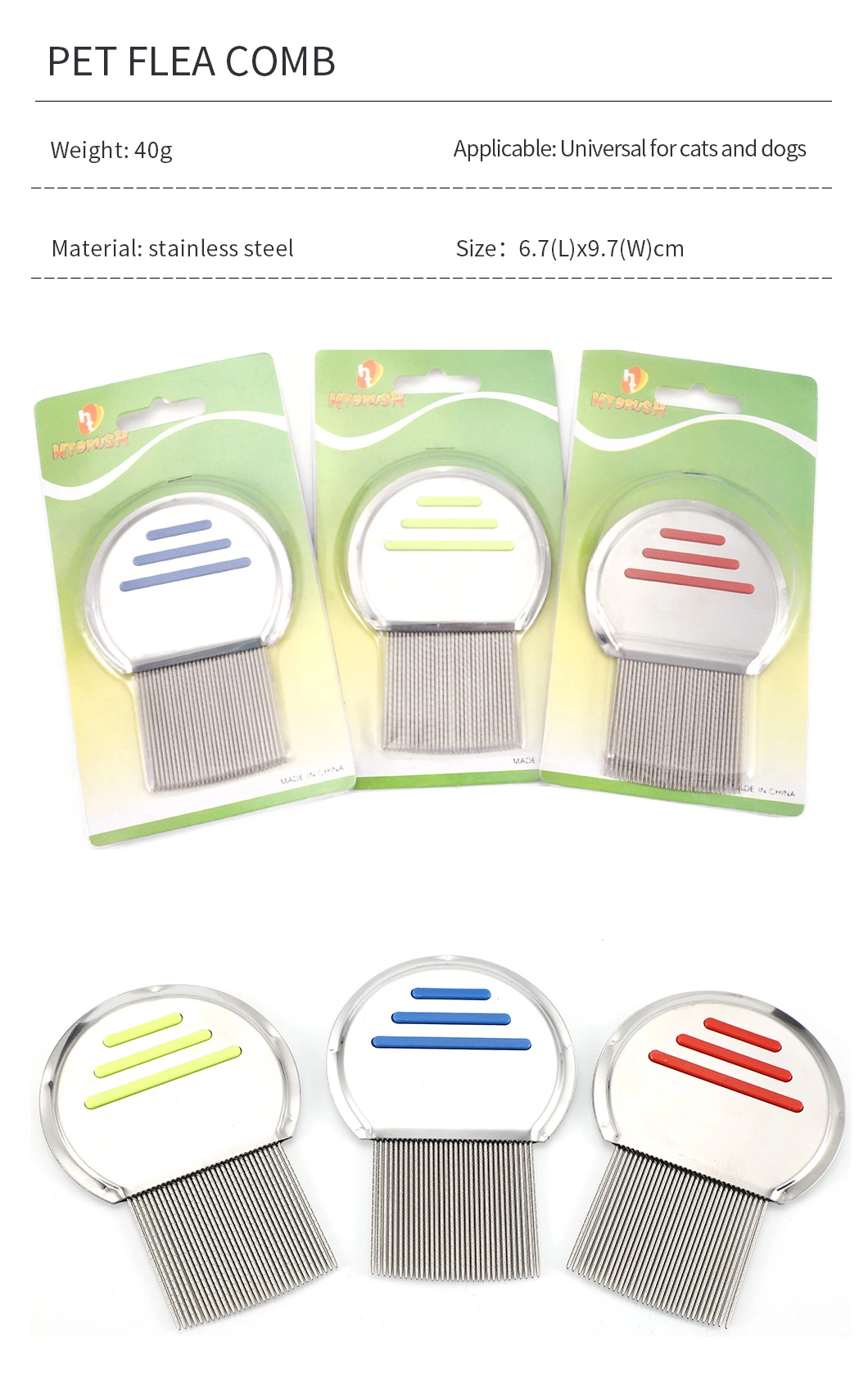 Factory Logo Customized Multi-Colored Stripes Welded Pins Stainless Steel Pet Dog Comb for Lice/Flea/Louses Clean