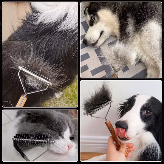2 Sided Professional Stainless Steel Grooming Rake Comb Pet Dematting Wooden Handle Rake Comb for Dog Cat